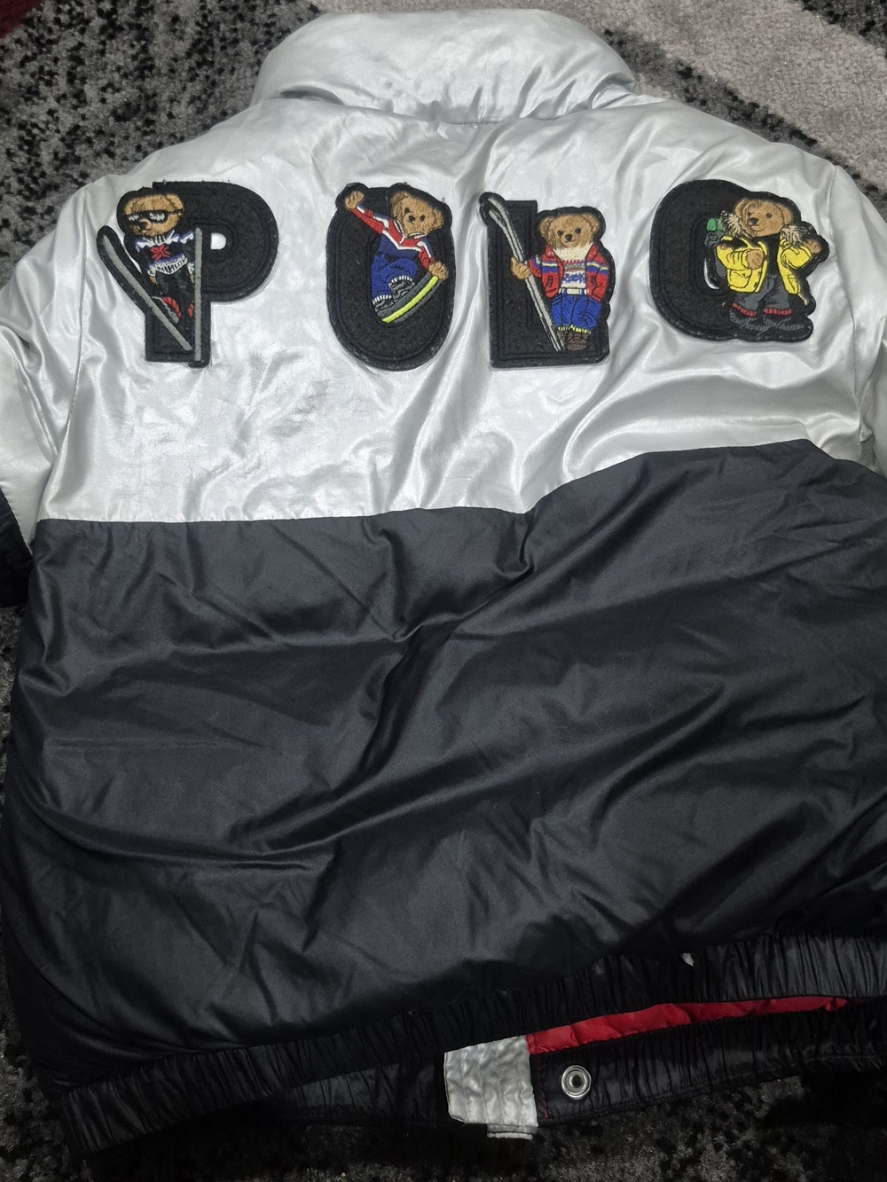 Kids Two-Tone Black and Silver Puffer Jacket with Bear Patch Details